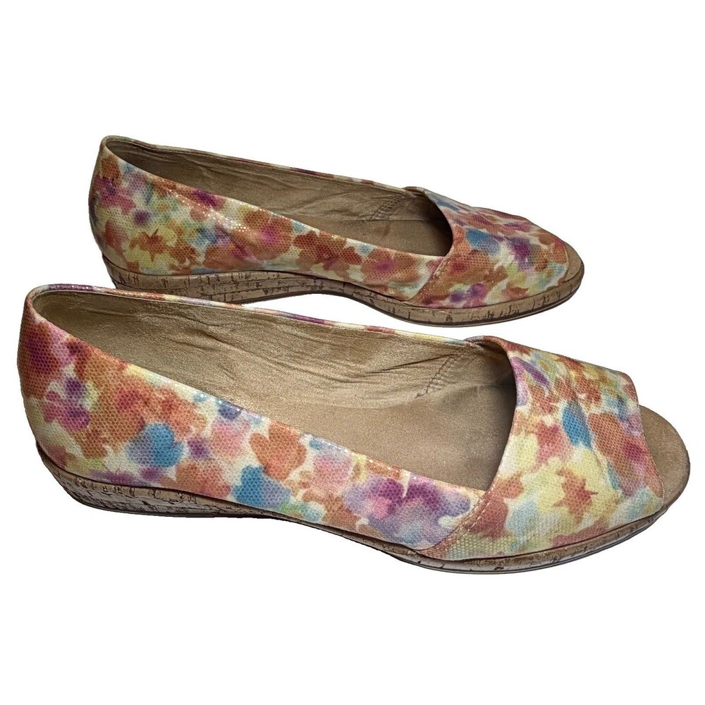 Michelle D Ellena Floral Peep Toe Comfort Flats Cork Wedge Shoes Women’s 9.5 M